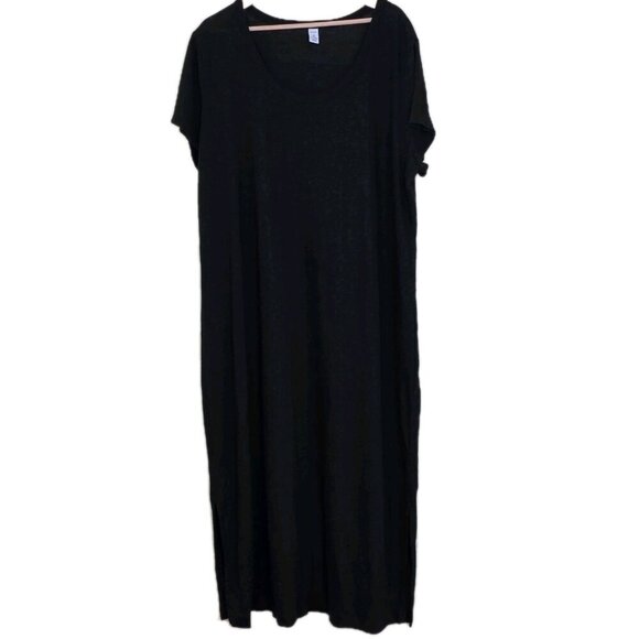 Old Navy T Shirt Maxi Dress 3X Black SS Linen Blend Slits Pullover Goth Cottage - Picture 14 of 15